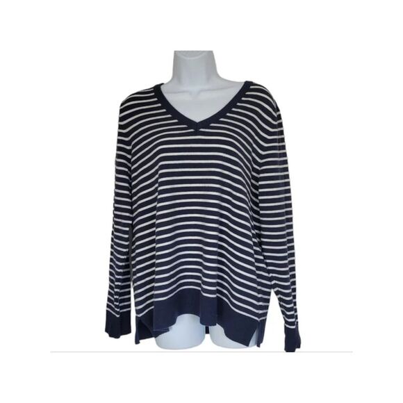 STYLE & COMPANY Sweaters - STYLE & COMPANY Womens Navy Knit Ribbed Striped Long Sleeve V Neck Sweater XL